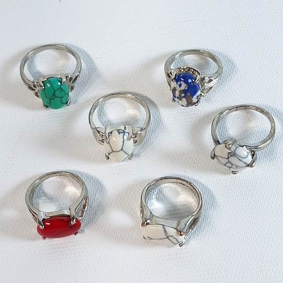 Lot of 6 Silver Tone Polished Natural Stone Rings - Picture 3 of 8